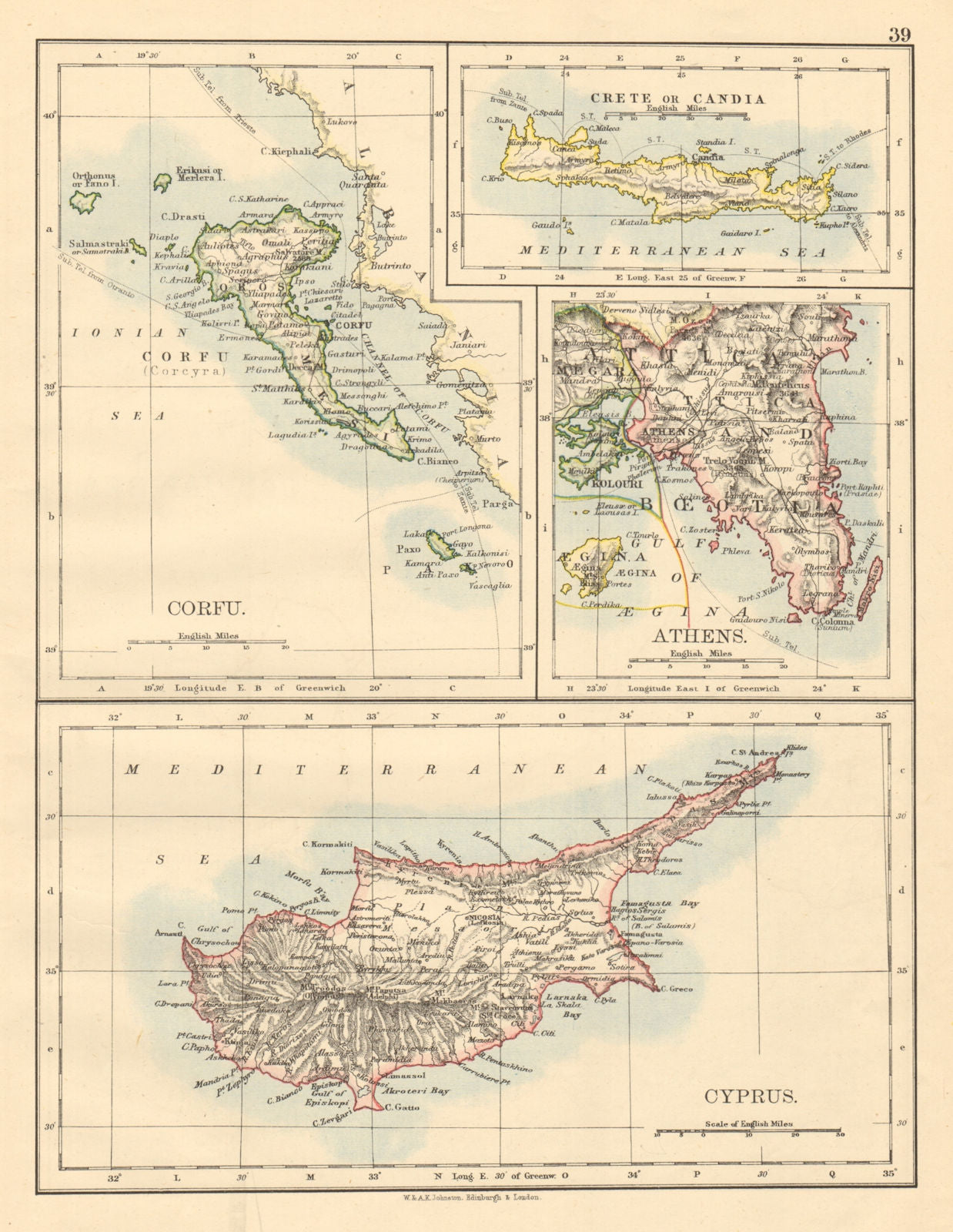 ATHENS & GREEK ISLANDS Corfu Crete Cyprus Candia Greece JOHNSTON 1892 old map
